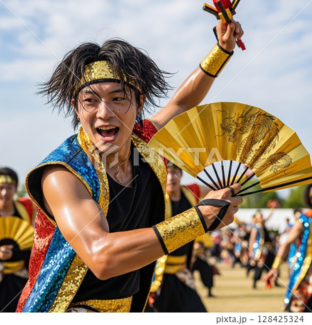 よさこい祭りで龍の絵の金の扇子を持って力強く若い踊る男性の踊り子 ほとばしる汗  髪を振り乱して踊る 128425324
