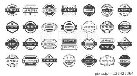 Approved stamp. Grunge textured badges collection for verification acceptance recent vector templates 128425364