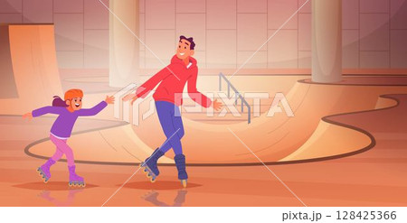 Roller skating park. Indoor sport special playground for skaters family with kids skating exact vector background in cartoon style Roller skating park. Indoor sport special playground for skaters family with kids skating exact vector background in cartoon style 128425366