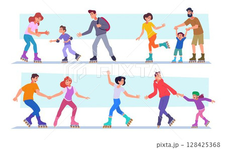 Roller skaters. Parents and kids skating together exact vector sport characters family 128425368