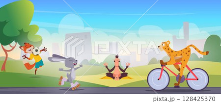 Sport animals. Fitness characters cute animals in action poses doing exercises exact vector template 128425370