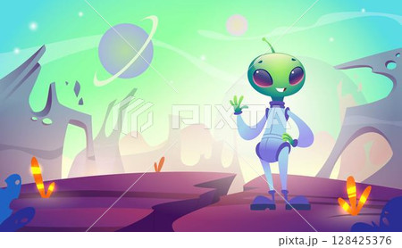 Alien. Space background with cute cartoon mascot space alien exact vector template Alien. Space background with cute cartoon mascot space alien exact vector template 128425376