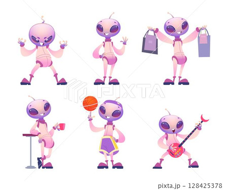 Alien character. Cute mascot in different poses exact vector cartoon alien Alien character. Cute mascot in different poses exact vector cartoon alien 128425378