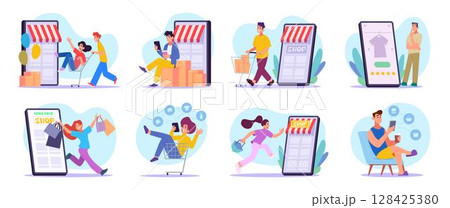 E-commerce. Concept illustration set mobile pictures of digital shopping characters exact vector template 128425380