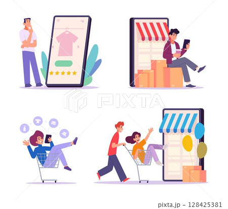 Online shopping. Male and female people in e-commerce conceptual illustration exact vector cartoon characters set 128425381