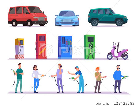 Gas station workers. Professional workers on fuel station exact vector person fill up cars 128425385