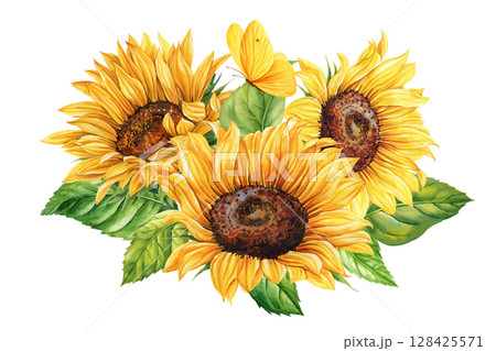 Sunflowers and yellow butterfly watercolor floral bouquet with green leaves summer composition for cards, posters, floral prints  128425571