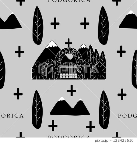 Podgorica city, black and white seamless pattern Podgorica city, black and white seamless pattern 128425610
