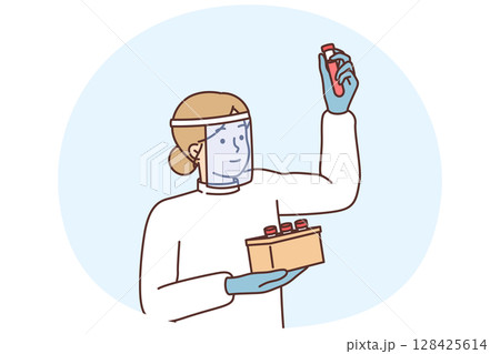 Woman nurse holds test tube with patient blood to make analysis for presence of virus or infection 128425614
