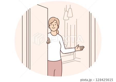 Girl realtor participates in showing apartment and calls to rent property or take mortgage 128425615