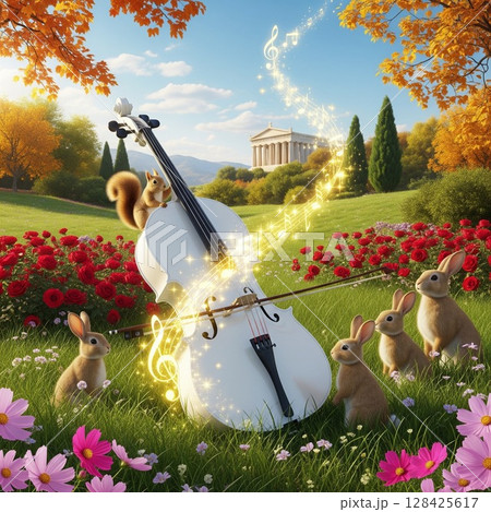 チェロとリスやウサギのファンタジーな森の風景イラスト 幻想的な紅葉の風景 ウサギとリス 128425617