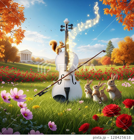 チェロとリスやウサギのファンタジーな森の風景イラスト 幻想的な紅葉の風景 ウサギとリス 128425618