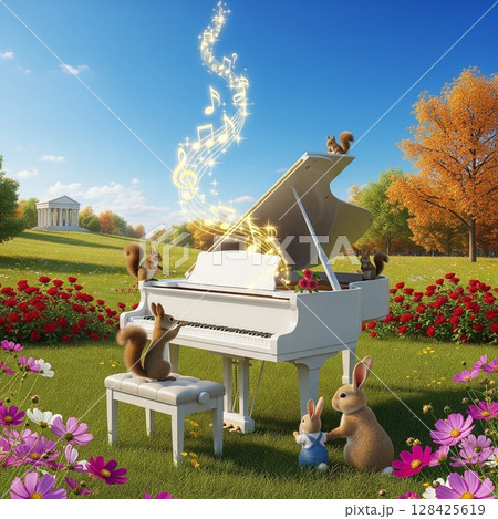 ピアノとリスやウサギのファンタジーな森の風景イラスト 幻想的な紅葉の風景 ウサギとリス 128425619