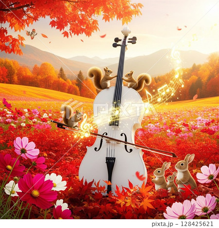 チェロとリスやウサギのファンタジーな森の風景イラスト 幻想的な紅葉の風景 ウサギとリス 128425621