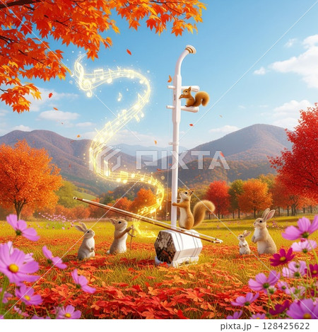 二胡とリスやウサギのファンタジーな森の風景イラスト 幻想的な紅葉の風景 ウサギとリス 二胡とリスやウサギのファンタジーな森の風景イラスト 幻想的な紅葉の風景 ウサギとリス 128425622