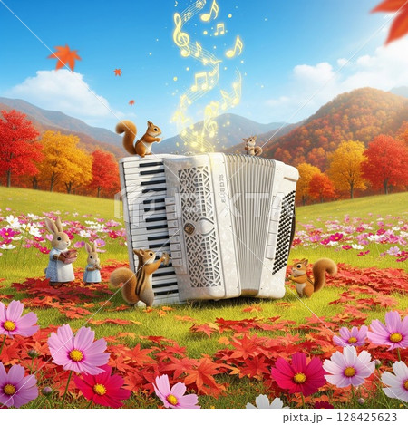 アコーディオンとリスやウサギのファンタジーな森の風景イラスト 幻想的な紅葉の風景 ウサギとリス 128425623