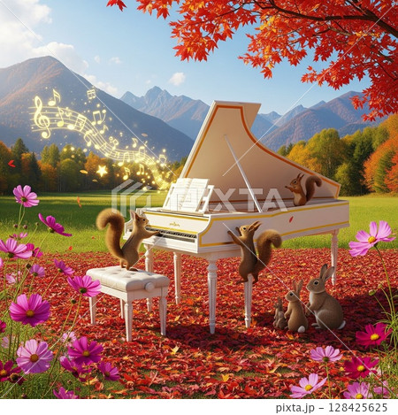 チェンバロとリスやウサギのファンタジーな森の風景イラスト 幻想的な紅葉の風景 ウサギとリス 128425625