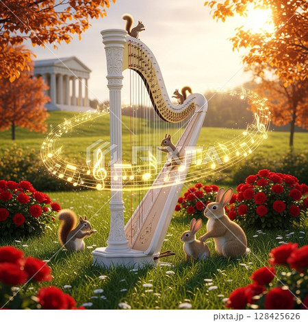 ハープとリスやウサギのファンタジーな森の風景イラスト 幻想的な紅葉の風景 ウサギとリス ハープとリスやウサギのファンタジーな森の風景イラスト 幻想的な紅葉の風景 ウサギとリス 128425626