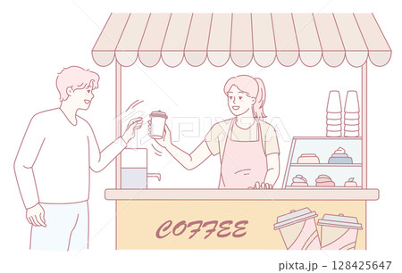 Engaging in a Coffee Stand Interaction with a Customer at a Local Cafe Stand or Shop 128425647