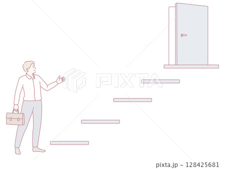 A businessman confidently carries a briefcase and strides towards a door with determination A businessman confidently carries a briefcase and strides towards a door with determination 128425681