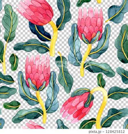 seamless pattern of protea flowers in retro style. watercolor illustration, abstract shapes 128425812
