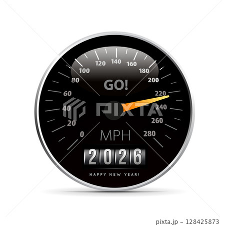 Congratulations on the New Year 2026 on the background of the speedometer counter. Vector illustration 128425873