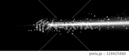 White horizontal laser beam. Neon line, presentation pointer. Silver glow flare light effect. Vector illustration. Isolated on transparent background. 128425880