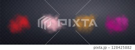 Different colors realistic smokes or haze on a transparent background. Magic fog, vapor. Vector illustration 128425882