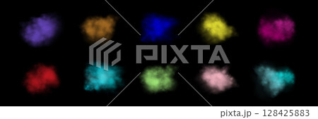 Different colors realistic smokes or haze on a black background. Magic fog, vapor. Vector illustration Different colors realistic smokes or haze on a black background. Magic fog, vapor. Vector illustration 128425883