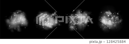 Realistic white smokes or haze on a transparent background. Magic fog, vapor. Vector illustration Realistic white smokes or haze on a transparent background. Magic fog, vapor. Vector illustration 128425884