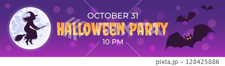 Halloween poster or placard. Vector horizontal illustration with witch, full moon and bats. Banner for website header. Halloween poster or placard. Vector horizontal illustration with witch, full moon and bats. Banner for website header. 128425886