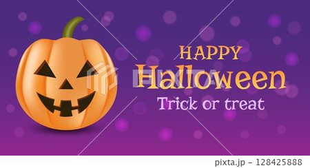 Happy Halloween. Trick or Treat. Vector poster with realistic pumpkin and purple background with bokeh effect. Happy Halloween. Trick or Treat. Vector poster with realistic pumpkin and purple background with bokeh effect. 128425888