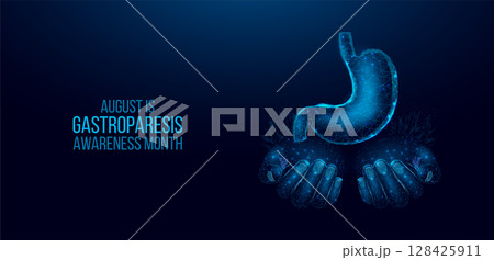 Gastroparesis awareness month concept. Banner template with glowing low poly stomach. Futuristic modern abstract. Isolated on dark background. Vector illustration. 128425911