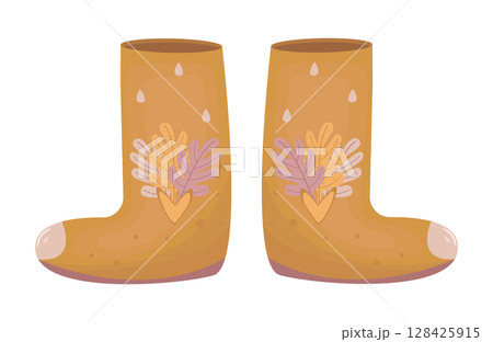 Orange autumn rubber boots, ginger fall shoes with leaves, color vector illustration in boho style 128425915