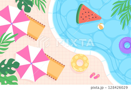 Rest on swimming pool background. Hotel resort swim zone, leisure exterior place in apartments. Inflatable mattress and rings, sun protect umbrella, racy vector illustration 128426029