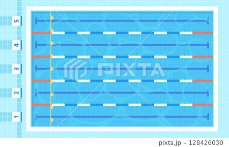 Sport swimming pool. Cartoon olympic or fitness center swim zone, athletic workout pool divided into tracks. Top view public water element, racy vector scene Sport swimming pool. Cartoon olympic or fitness center swim zone, athletic workout pool divided into tracks. Top view public water element, racy vector scene 128426030