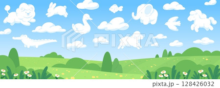 Clouds animal shapes landscape. Funny elephant bunny sheep goose flying in blue sky under green valley and hills. Cartoon fantasy racy vector nature background Clouds animal shapes landscape. Funny elephant bunny sheep goose flying in blue sky under green valley and hills. Cartoon fantasy racy vector nature background 128426032