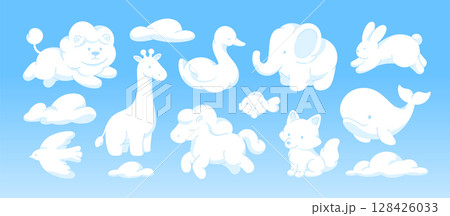 Animal shape clouds. White fluffy animals cloudy forms, different children imagination characters. Lion, elephant, goose, fish, racy vector clipart 128426033