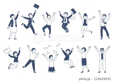 Jumping business characters. Cheering office workers, teenagers and adults. People jump and throw papers documents. Active poses, recent vector set Jumping business characters. Cheering office workers, teenagers and adults. People jump and throw papers documents. Active poses, recent vector set 128426035
