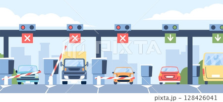 Toll road system. Cars crossing and pay for highway. Car and bus drivers paying on checkpoint for travel. Highways toll flat recent vector illustration 128426041