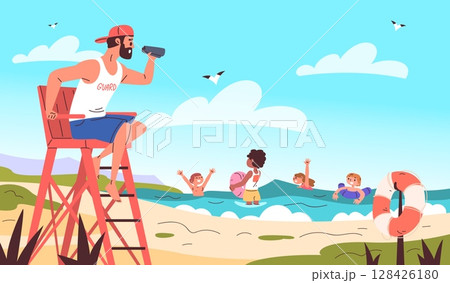 Swimming children lifeguard. Beach life guard binoculars watches child swim in sea with lifebuoy, rescuer tower coast kids protection summer vacation, classy vector illustration Swimming children lifeguard. Beach life guard binoculars watches child swim in sea with lifebuoy, rescuer tower coast kids protection summer vacation, classy vector illustration 128426180