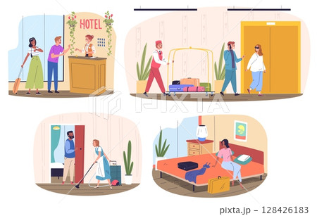 Hotel guests. Tourists room accommodation, check-in at reception hospitality service staff manager people luggage lobby travel booking holiday vacation classy vector illustration 128426183