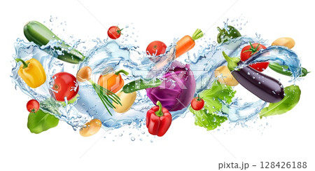 Realistic vegetables water. Washing vegetable concept, water splash wash falling fresh food motion salad ingredients vegan meal advertising background exact vector illustration 128426188