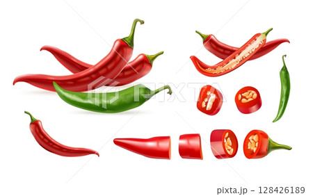 Realistic chili pepper. 3d red hot peppers, spicy fresh vegetable cayenne isolated paprika natural cooking spice mexican kitchen hottest sauce food, set exact vector illustration 128426189
