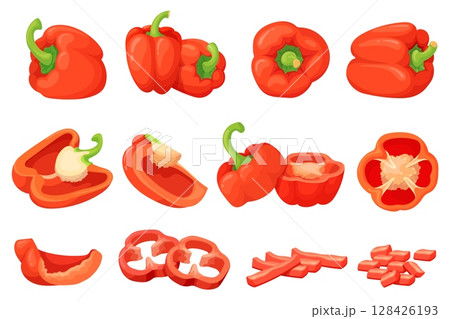 Cartoon bell peppers. Red green yellow sweet pepper, paprika spice farm isolated vegetables whole half ring slice vegetarian salad ingredient vegetable set neat vector illustration Cartoon bell peppers. Red green yellow sweet pepper, paprika spice farm isolated vegetables whole half ring slice vegetarian salad ingredient vegetable set neat vector illustration 128426193