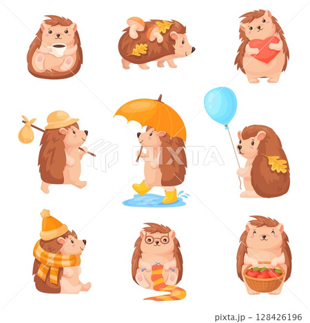 Cartoon hedgehog characters. Funny hedgehogs family, cute urchin baby animal happy characters with fruit leaves in autumn fall forest porcupine wild life, neat vector illustration 128426196