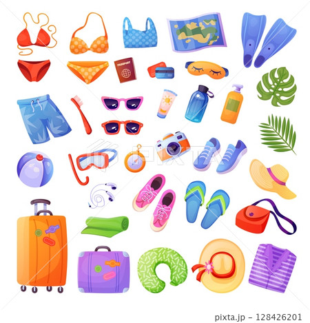 Tourist stuff. Summer vacation accessories, travel beach clothes bag luggage journey trip item suitcase sea tourism passport map sunglasses bikini, set swanky vector illustration 128426201