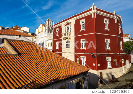 View of modern and historic buildings in the center of Silves, Algarve region, Portugal. 128426363