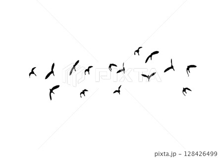 Bird sillhouette Flock black birds. Flocks of flying pigeons isolated on background. Save with clipping path. flying birds formation of pigeons many isolated for backgound PNG 128426499