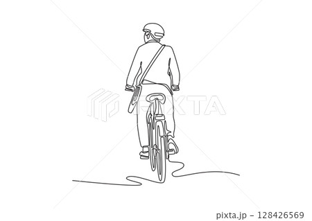 Single one line drawing back view male cyclist worker in helmet goes to work with briefcase. Urban eco transport and healthy lifestyle. Modern continuous line draw design graphic vector illustration 128426569